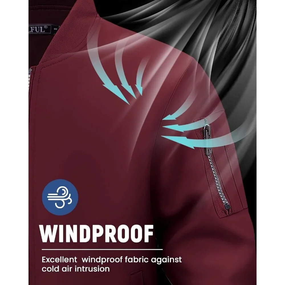 Men's Burgundy Bomber Jacket Coat Lightweight Casual Windbreaker Zip Up Pocket